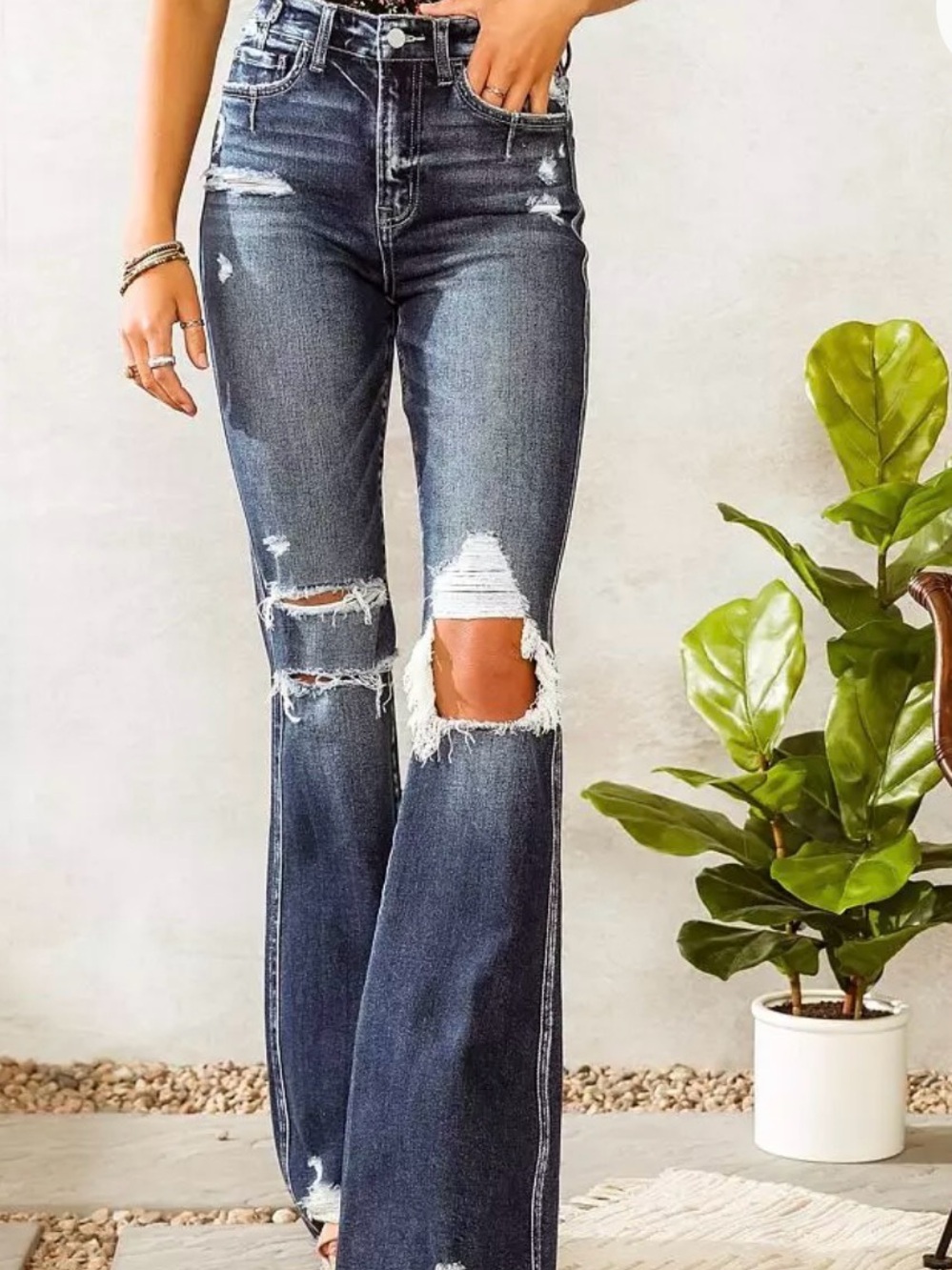 Flying Monkey High-Rise Distressed Flare Jeans - Dark Blue